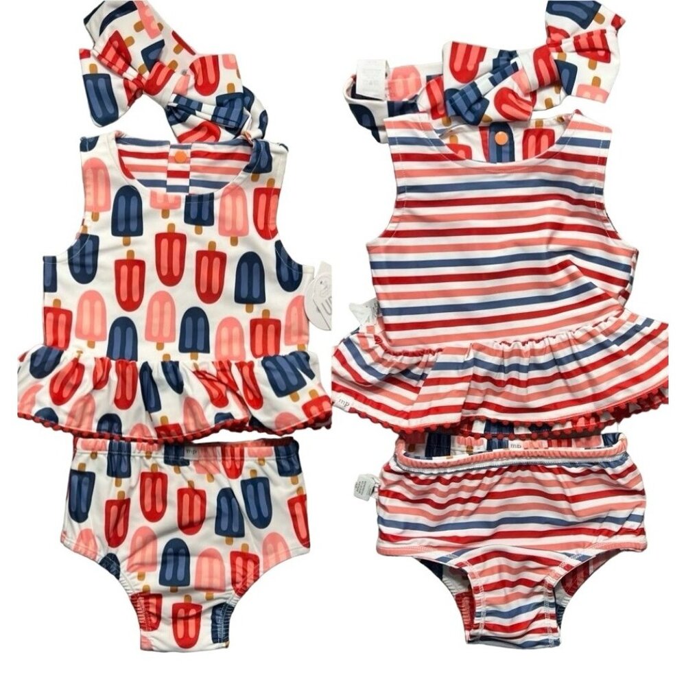 Mud Pie 12-18m Popsicle striped Reversible 2pc swimsuit tankini headband UPF 50+